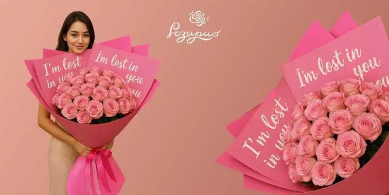 Огромный букет розовых роз, фронтальный вид в руках у девушки